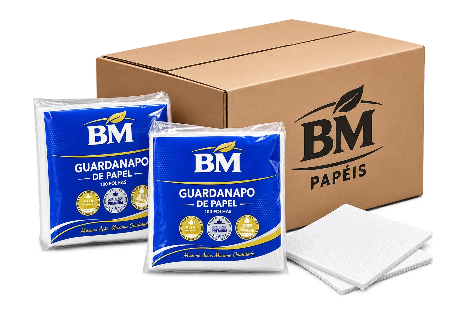 Pacotes de guardanapos BM Papéis acompanhados de caixa de transporte
